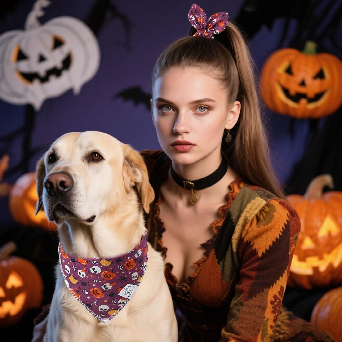 E-Clover Halloween Dog Bandanas & Matching Scrunchie Set Girl Cute Pumpkin Dog Scarf Bibs Pet Bandana with Bow Tie for Medium Large Dogs Owner Mom Purple Orange