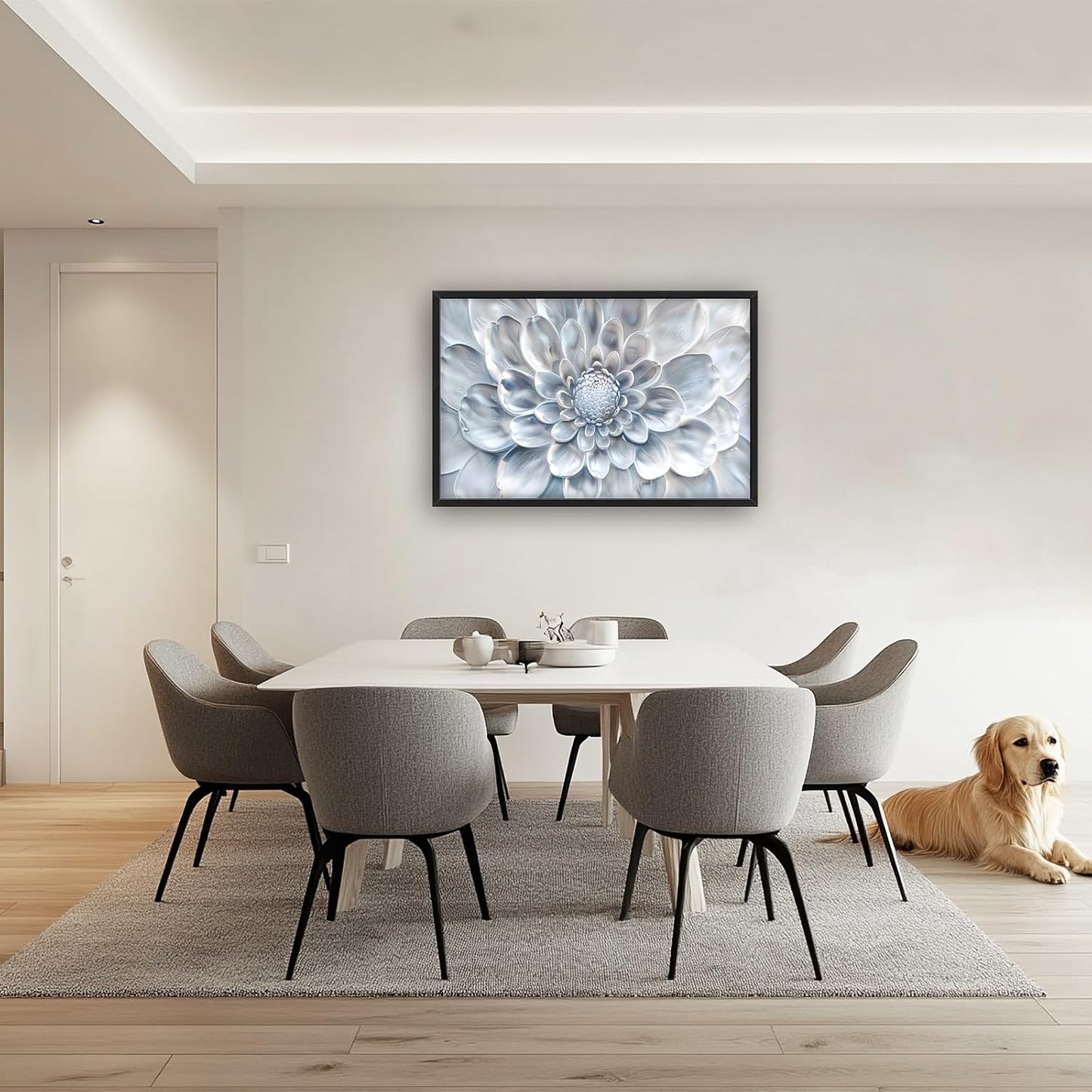 Abstract Flower Large Wall Art White Silver Floral Pictures Wall Decor Neutral Canvas Print Painting Artwork for Bathroom Living Room Bedroom 36L" x 24W"