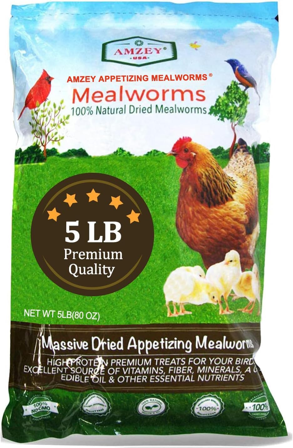 Amzey Appetizing Mealworms 5 LBS- 100% Non-GMO Dried Mealworms - Large Meal Worms - High Protein Treats- Perfect Mealworm for Chickens, Ducks, Turtles, Blue Birds, Lizards - Bag of Mealworms 5 LBS