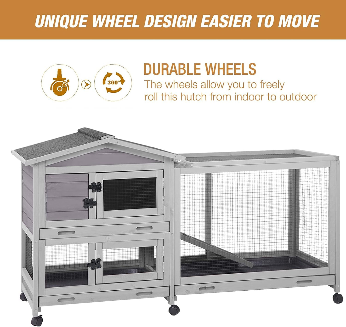 Bunny Cage Indoor and Outdoor Rabbit Hutch with Casters Waterproof Roof, Pull Out Tray from Back and Front 61.2" L x 22.6" W x 33.5" H