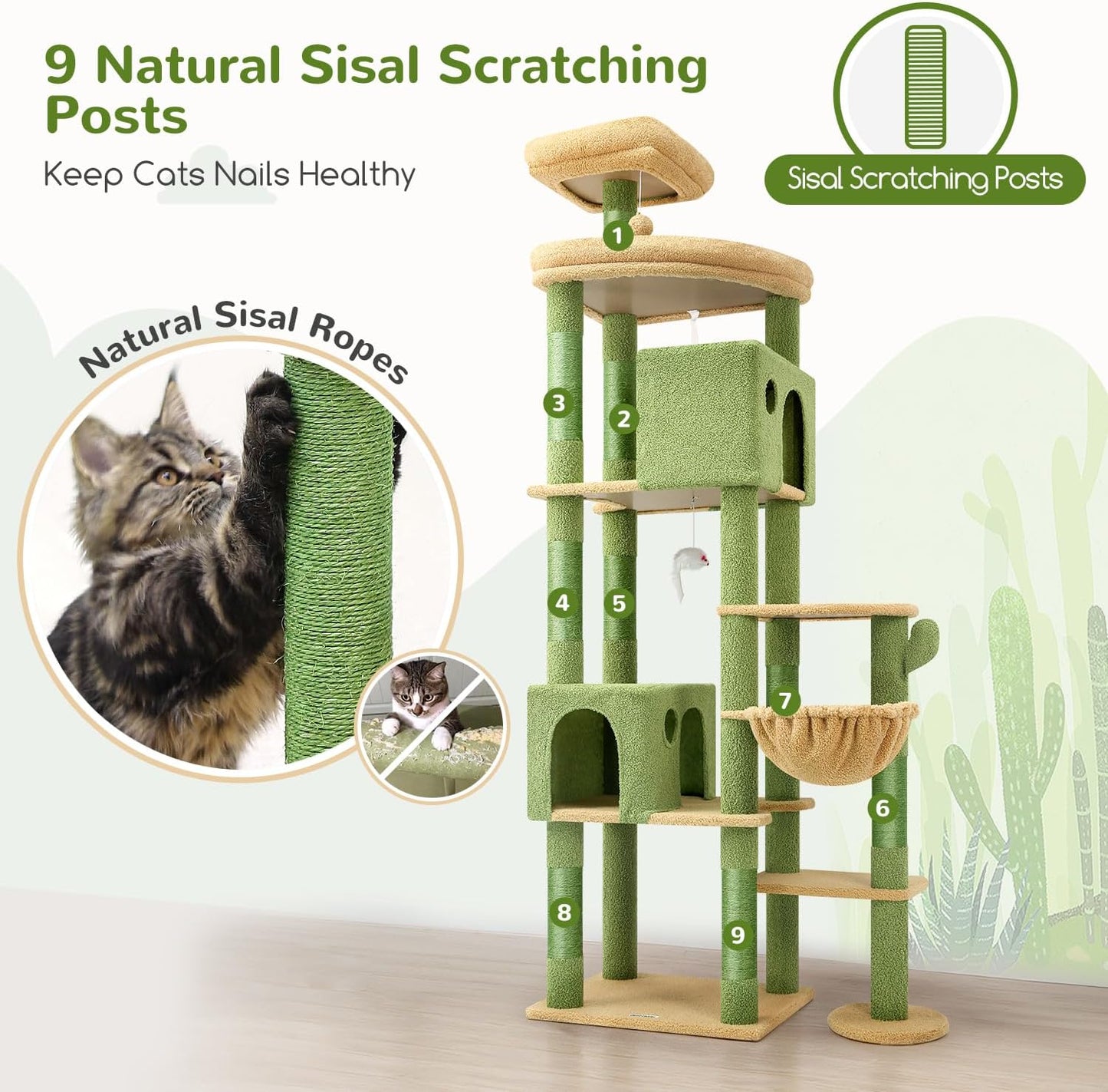 Globlazer Cactus Giant Cat Tree, 83 inch Cat Tree for Indoor Cats Large Adult, XXL Cat Tower with 9 Scratching Posts for 20lb+ Heavy Duty Large Adult Cats, F83, Green