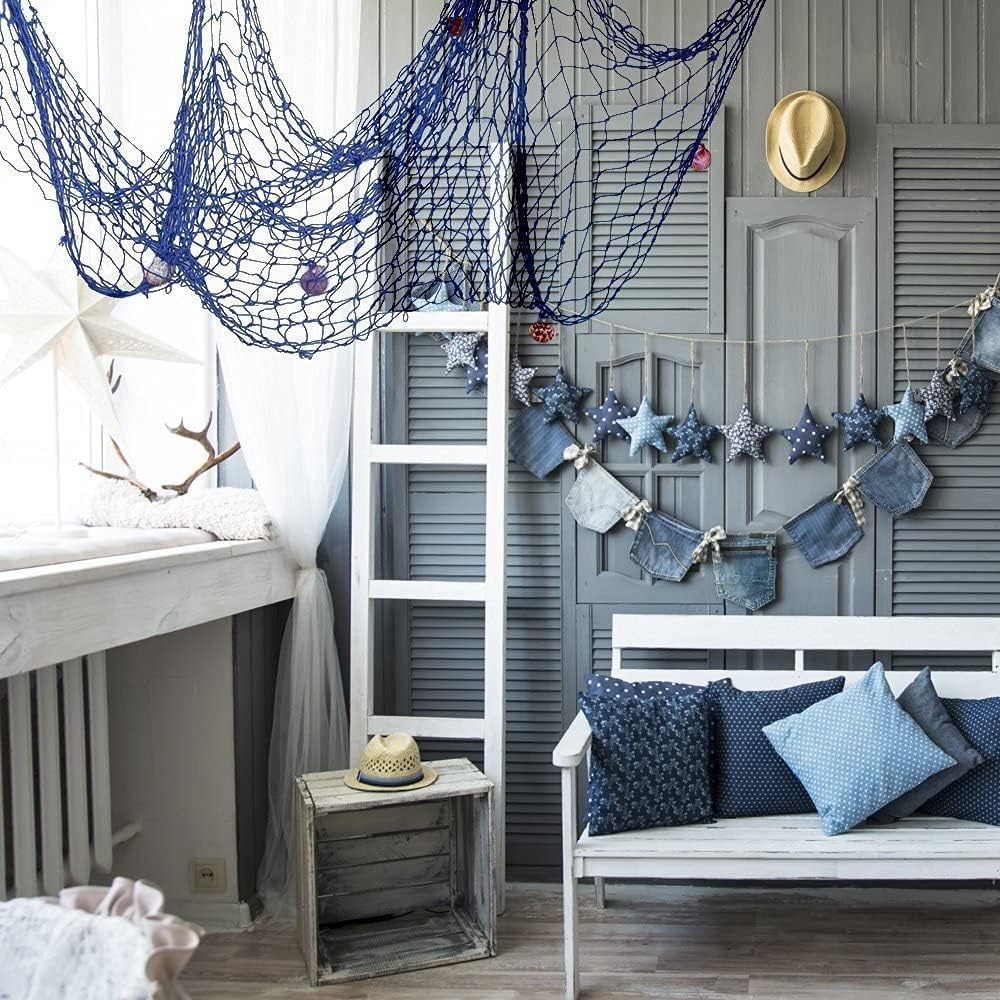 Nature Fish Net Wall Decoration with Shells, Ocean Themed Wall Hangings Fishing Net Party Decor for Pirate Party,Wedding,Photographing Decoration