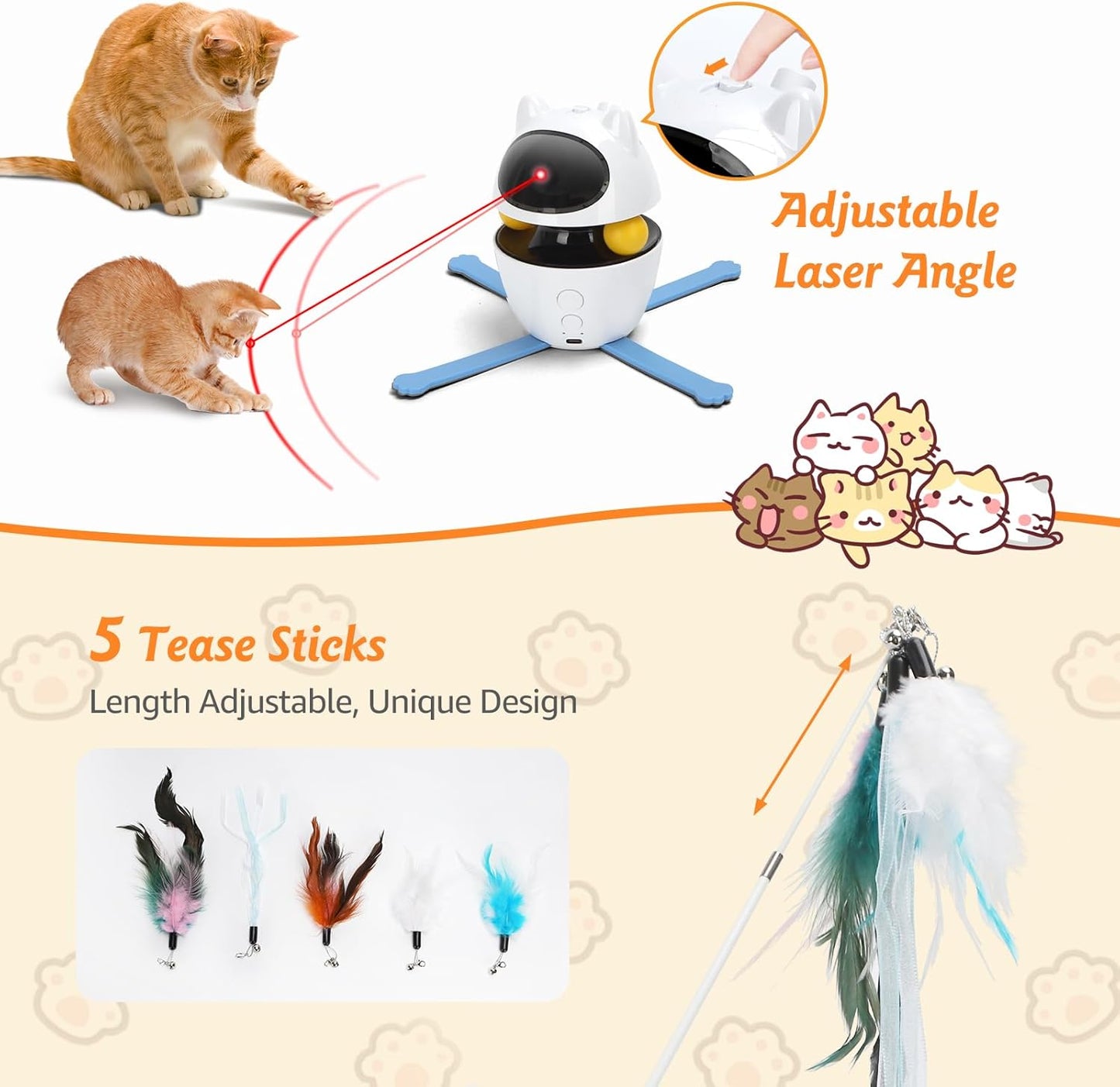 Nobleza 3-in-1 Cat Laser Toy with Feather Trackball, Rechargeable Pet Interactive Pointer Red Light Game, 3 Modes Random Trajectory Motion Activated Boredom Buster for Cat Self Play Home Indoor