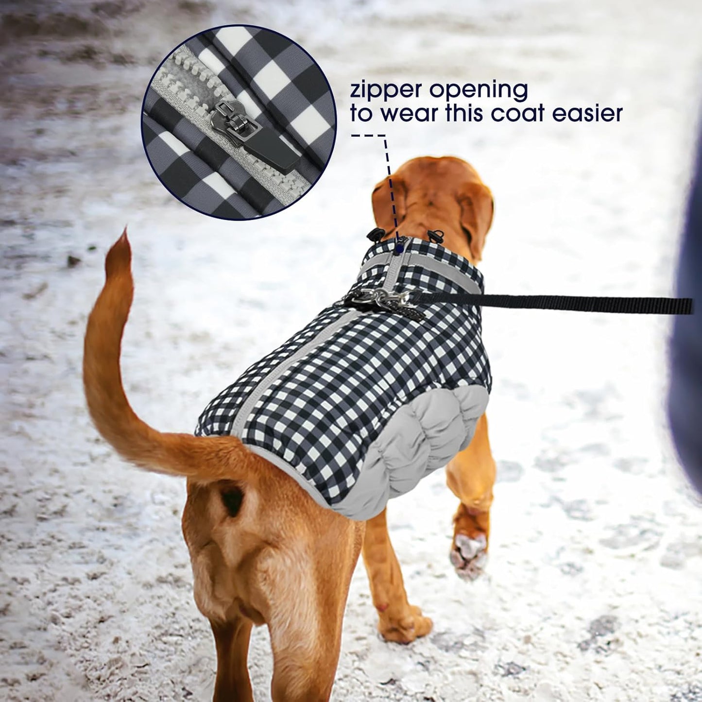 FUAMEY Dog Coat for Large Dogs,Waterproof Dog Winter Jacket with Harness Built in Puppy Cold Weather Coats Reflective Pet Vest with Zipper Warm Fleece Dogs Snowsuit Windproof Checkerboard 2XL
