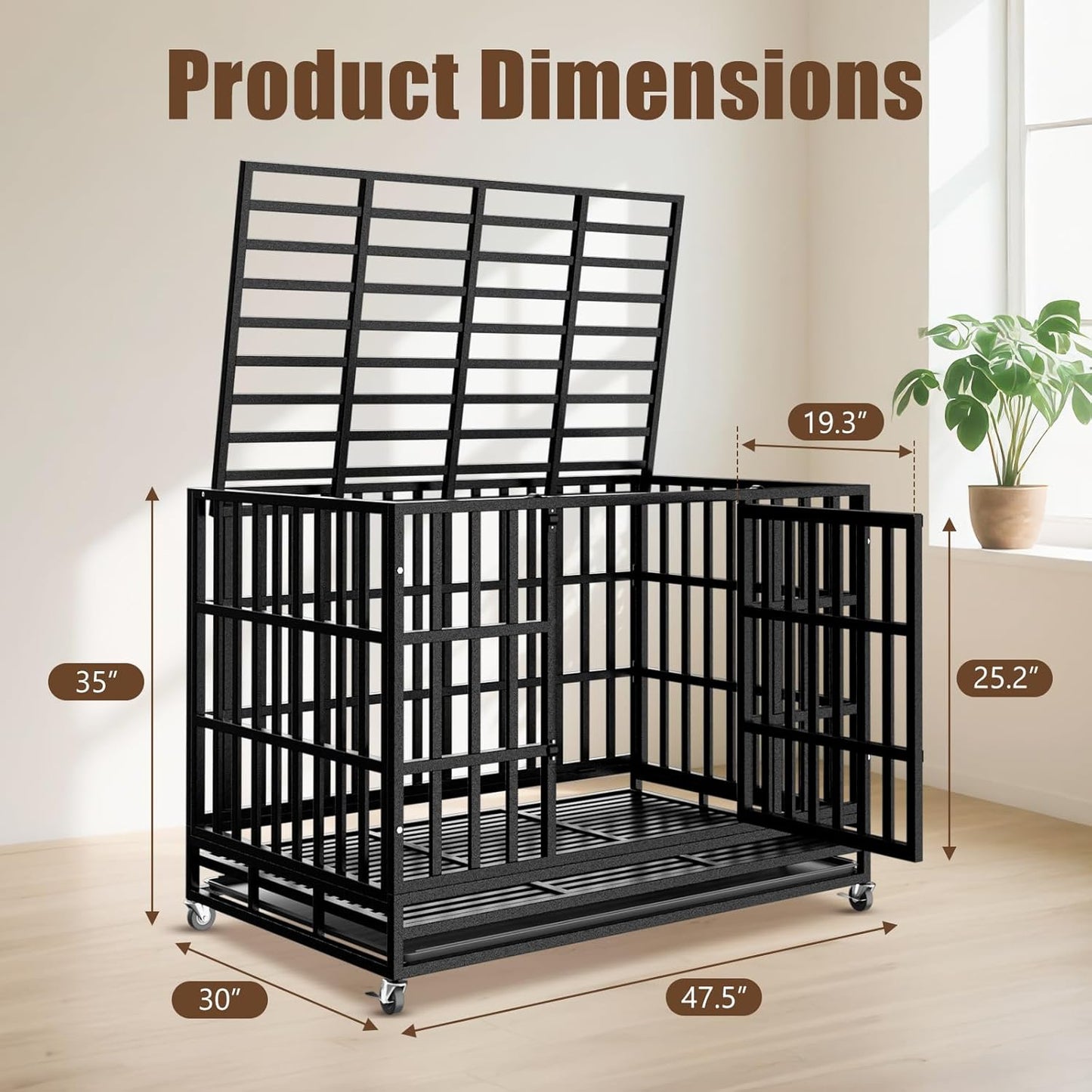 48 Inch Heavy Duty Dog Crate Kennel with Wheels, High Anxiety Indestructible Dog Crates for Large Dogs, XL XXL Extra Large Dog Crate with Removable Plastic Tray, Two Locks (Black, Square)