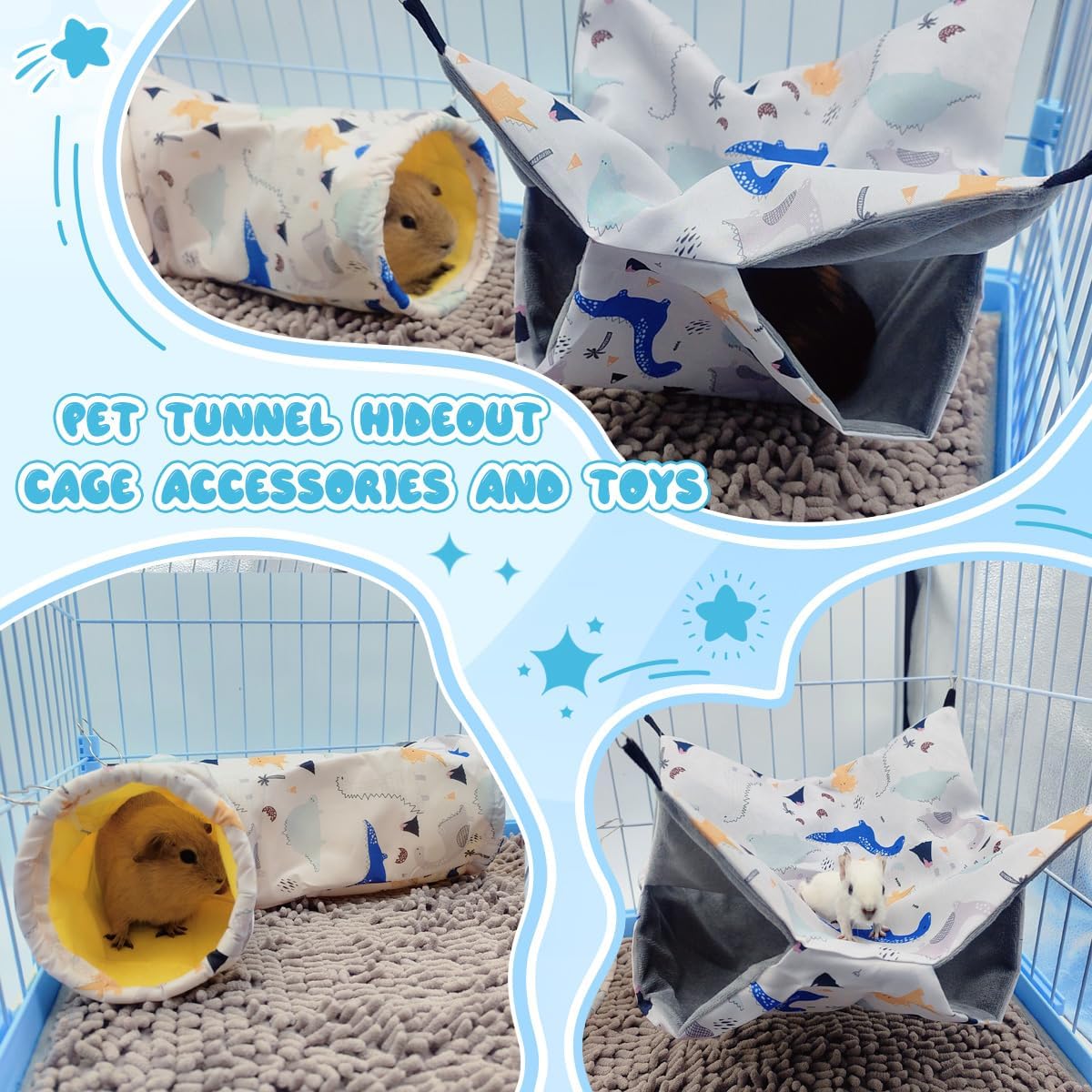 Large Caliber Guinea Pig Tunnel Hideout & Hammock, Rat Cage Corner Toy for Ferret Hedgehog Piggy to Hide and Shuttle (1. Tunnel-Dinosaur)