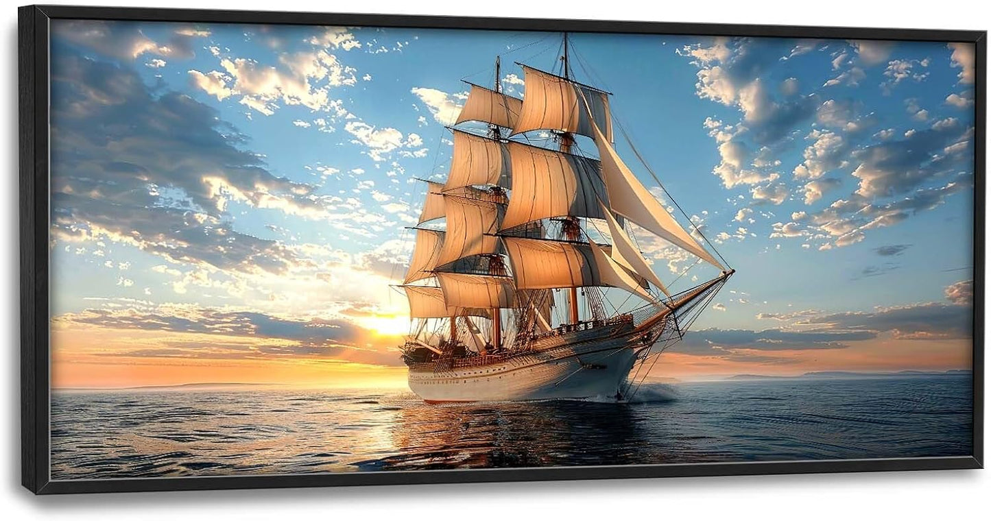 Nautical Ship Large Wall Art Sea Sailing Ship Pictures Sunrise Seascape Wall Decor Nature Landscape Canvas Print Painting Artwork for Bathroom Living Room Bedroom 60L" x 30W"