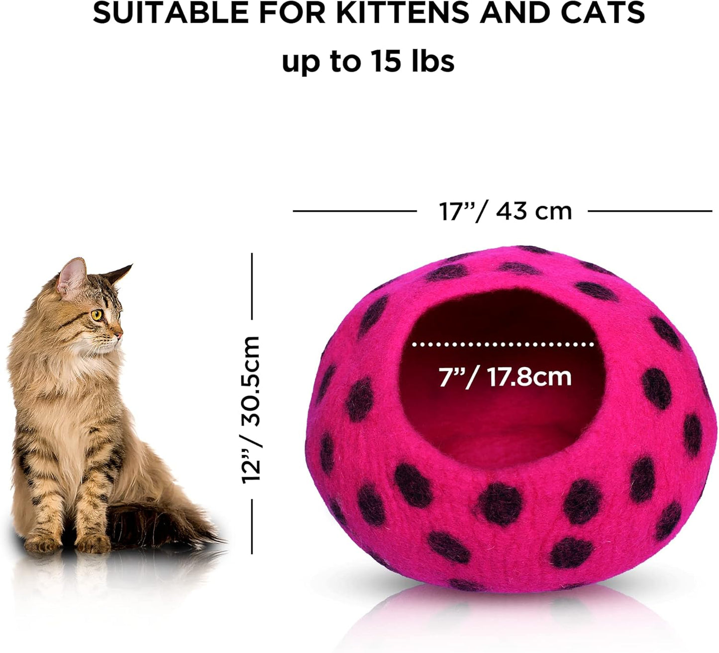 Woolygon Premium Felt Cat Cave Bed - Polka Dot Series - Wool Kitty Beds Handcrafted Kitten Caves Bed for Indoor Cats - Eco-Friendly Merino Wool, Foldable Cat Hideaway Cat Houses (Pink/Black Dots)