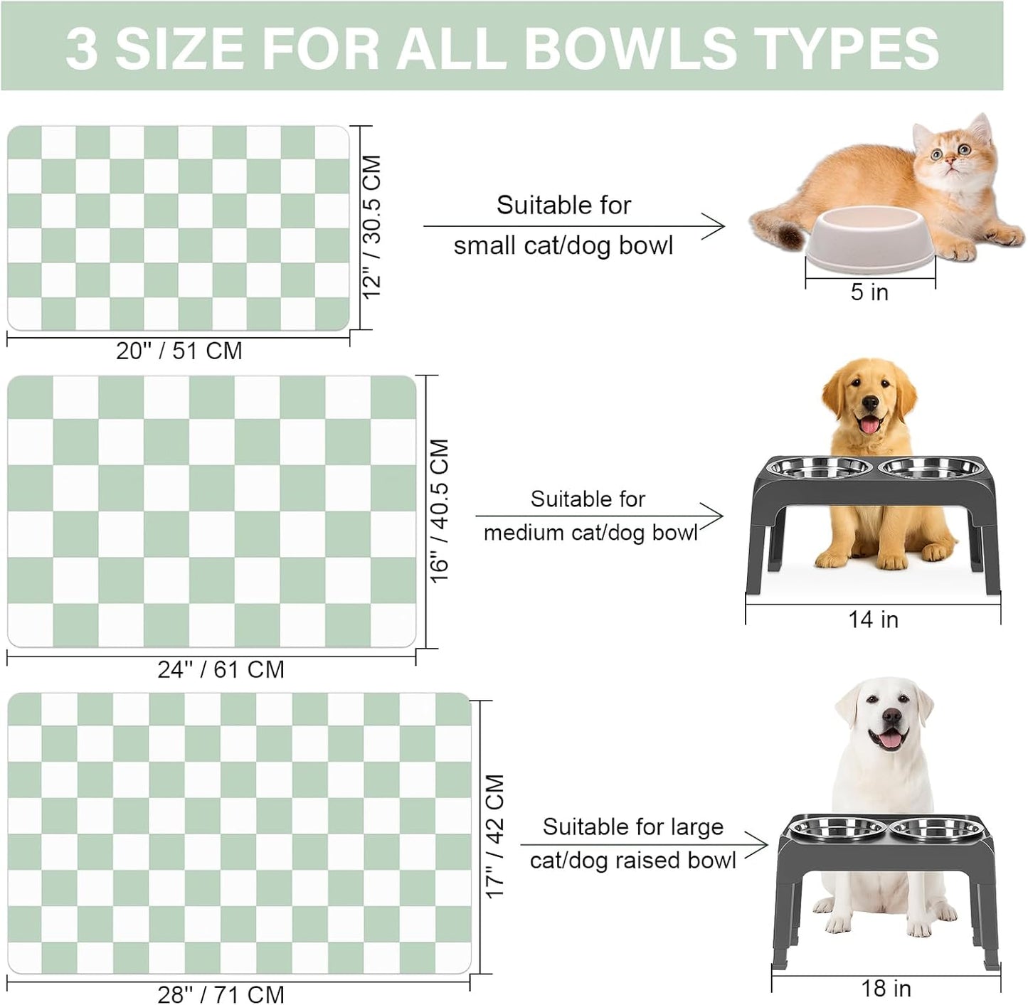 Checkered Dog Cat Feeding Mat, 17'' x 28'' Large Dog Food Mats, Absorbent Pet Feeding Mat for Food and Water Bowl, Dispenser, Checkerboard Pet Placemat with Rubber Backing, Green & White