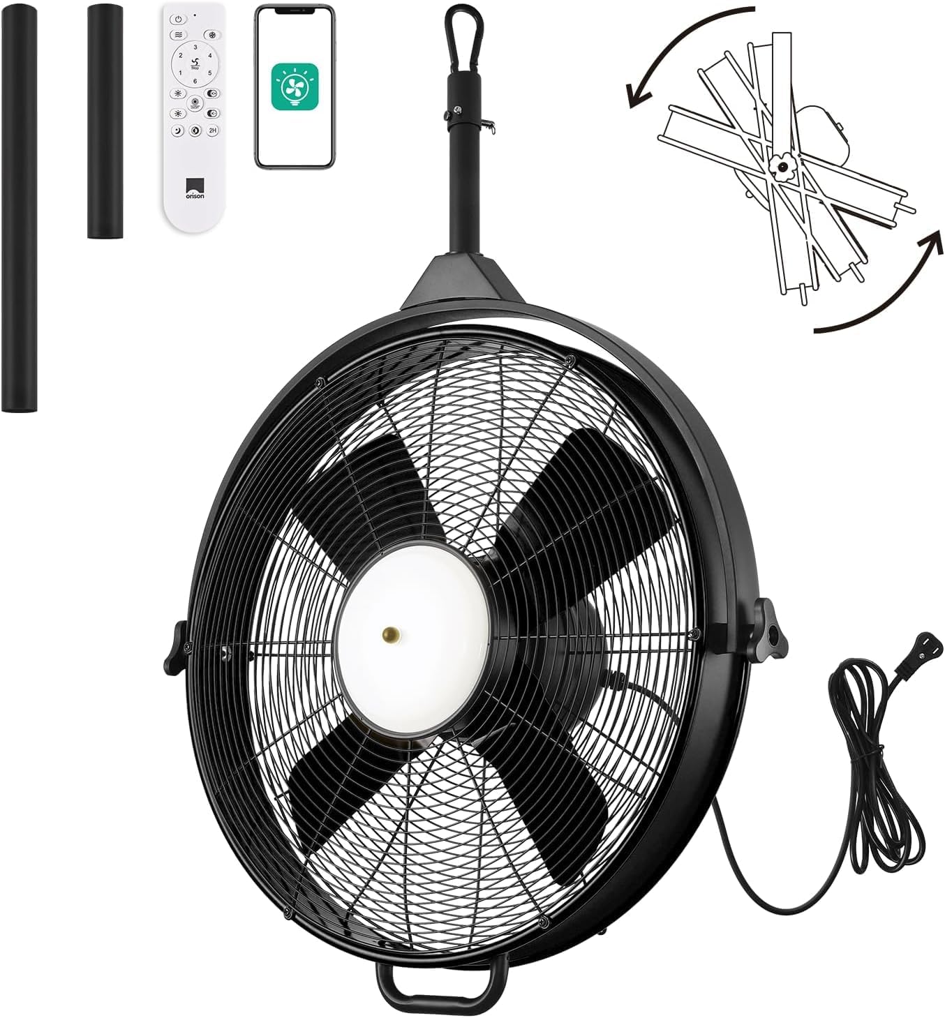 Orison 24.8'' Waterproof Outdoor Ceiling Fan, 6 Speed Ceiling Mounted Plug-In Cord Garage Fan with Remote&APP, 360-degree Manual Vertical Rotation, Hook hanging for Gazebo, Patio, Pergola (Black)