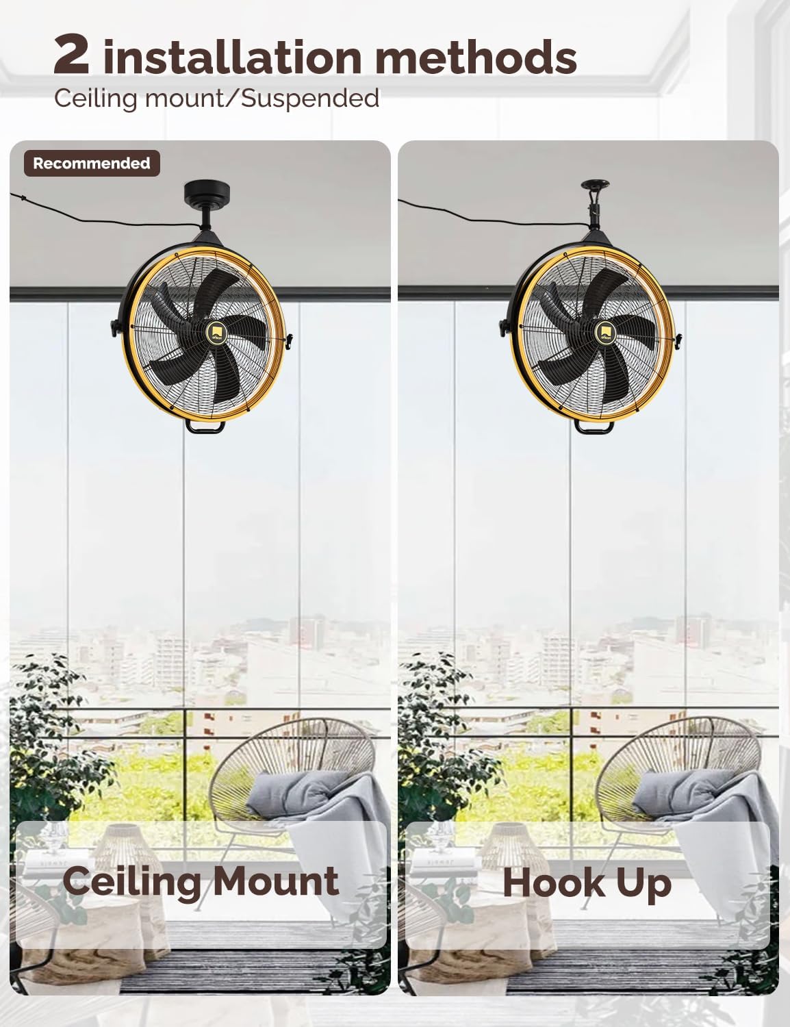 Orison 24.8'' Outdoor/Indoor Garage Ceiling Fan, 6 Speed Ceiling Mounted Plug-In Cord Garage Fan with Remote&APP, Manual Vertical Rotation, Hook hanging for Gazebo, Patio, Yellow&Black