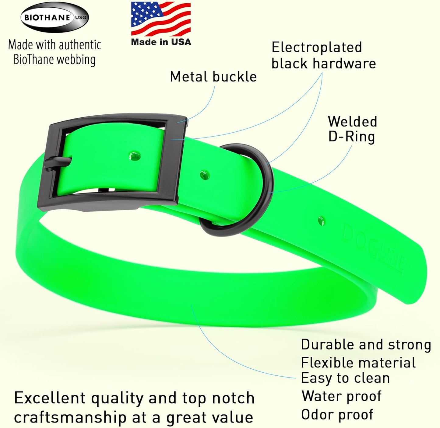 Dogline Biothane Waterproof Dog Collar Strong Coated Nylon Webbing with Black Hardware Odor- Proof for Easy Care Easy to Clean High Performance Fits Small Medium or Large Dogs, Tropical Green