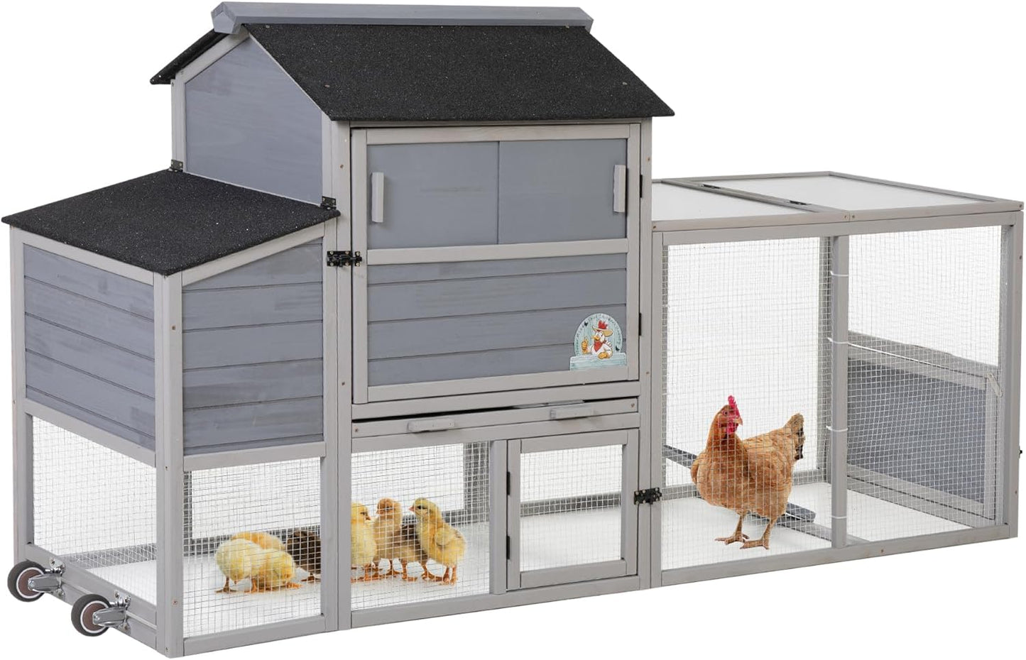 COZIWOW 82" Large Wooden Chicken Coop, Outdoor Rabbit Hutch, Guinea Pig Pet House with Wheels, Sunshine Board, Asphalt Roof, Ramp, Openable Top, Door, Window, Pull-Out Tray, Indoor Bunny Cage (Gray)
