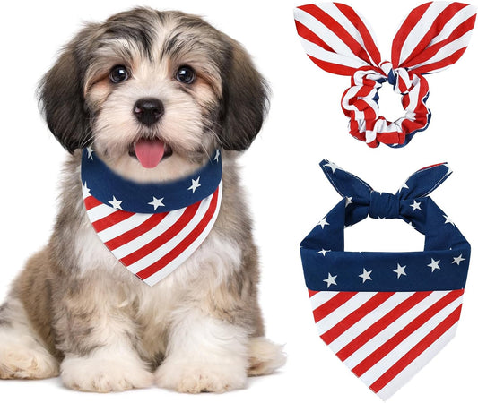 E-Clover 4th of July Dog Bandanas & Matching Scrunchie Set American Flag Dog Scarf Washable Patriotic Pet Bandana Triangle Kerchief Bibs for Small Dogs Puppy Owner Gifts