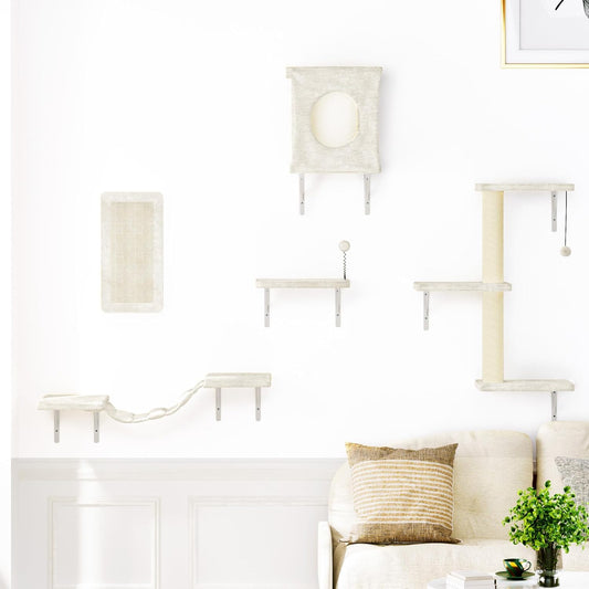 NUNU LAB Cat Wall Shelves Set, 5 Pcs Wall-Mounted Cat Climber with Condo House, Bridge Ladder, Scratching Post, Indoor Cat Furniture Set, Beige