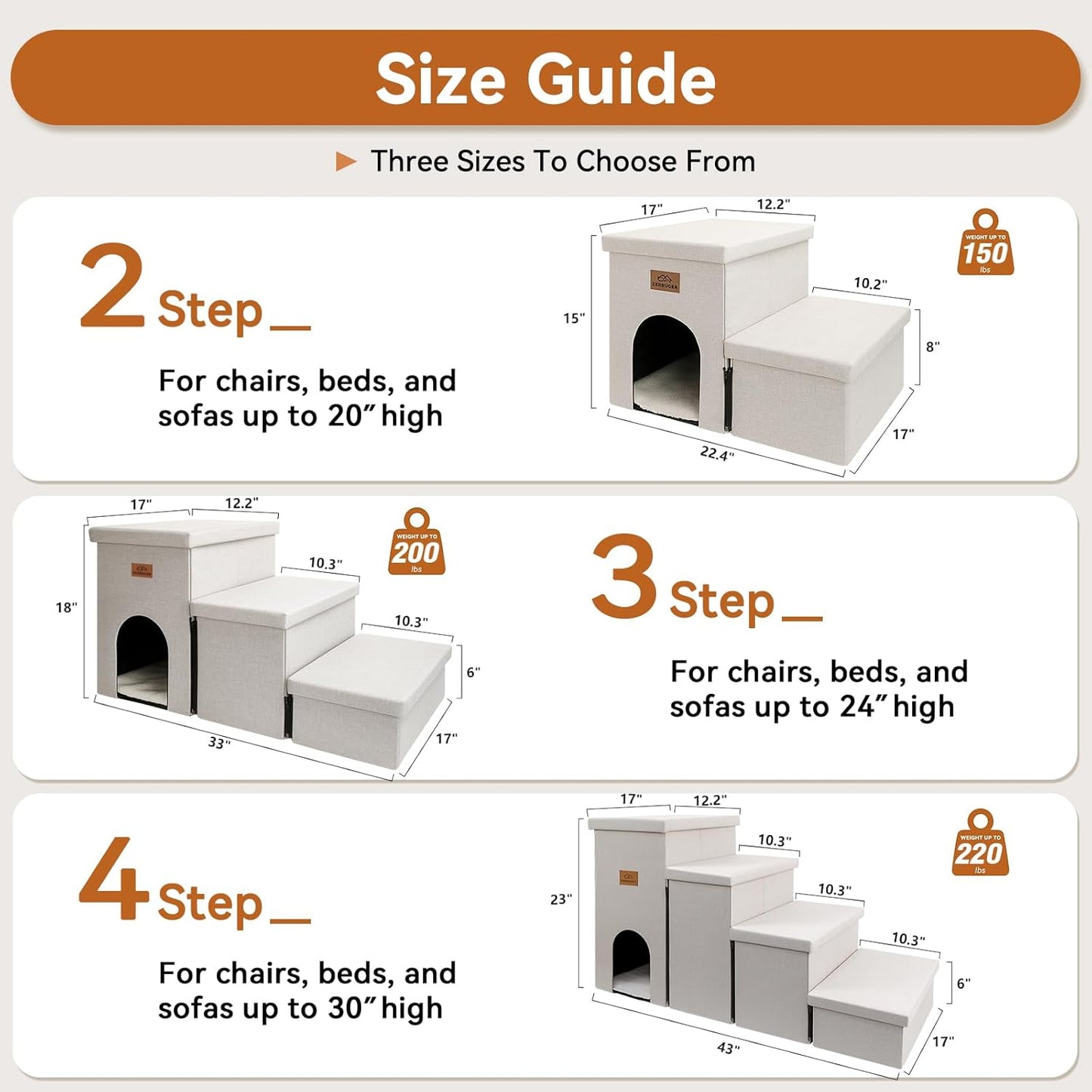 Dog Stairs with Condo 15" H, 2-Step Wider Dog Steps for Small/Medium/Large Old Dogs Cats, Folding Sturdy Storage Pet Stairs Climbing Bed Couch, Ramp for Car Hold Up to 150 lbs, Beige