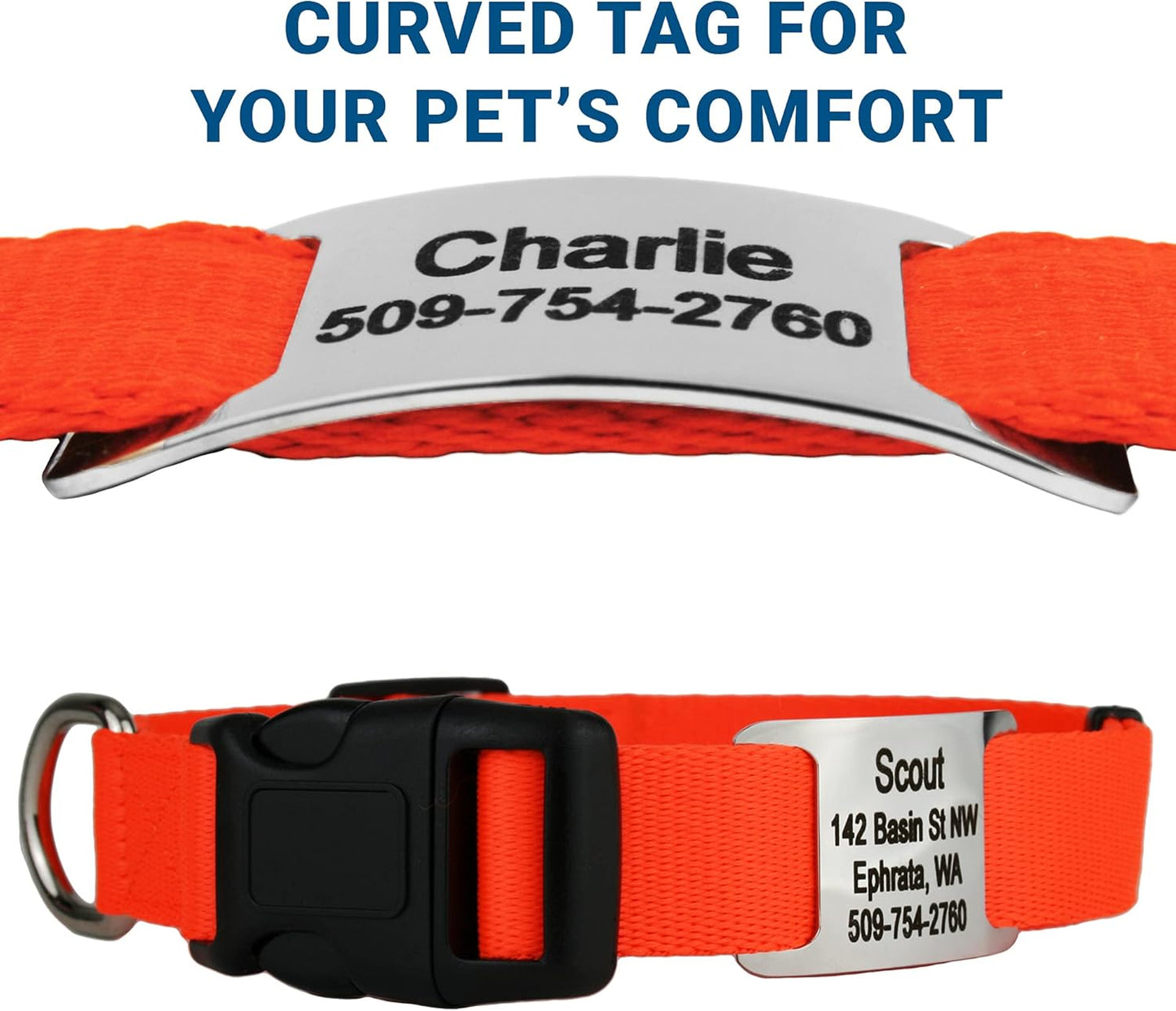 GoTags Personalized Dog Collar with Nameplate, Adjustable Dog Collar with Custom Engraved Slide On Pet ID Tag in Stainless Steel, Silent, No Noise Dog Tag for Large Medium and Small (Orange, X-Small)