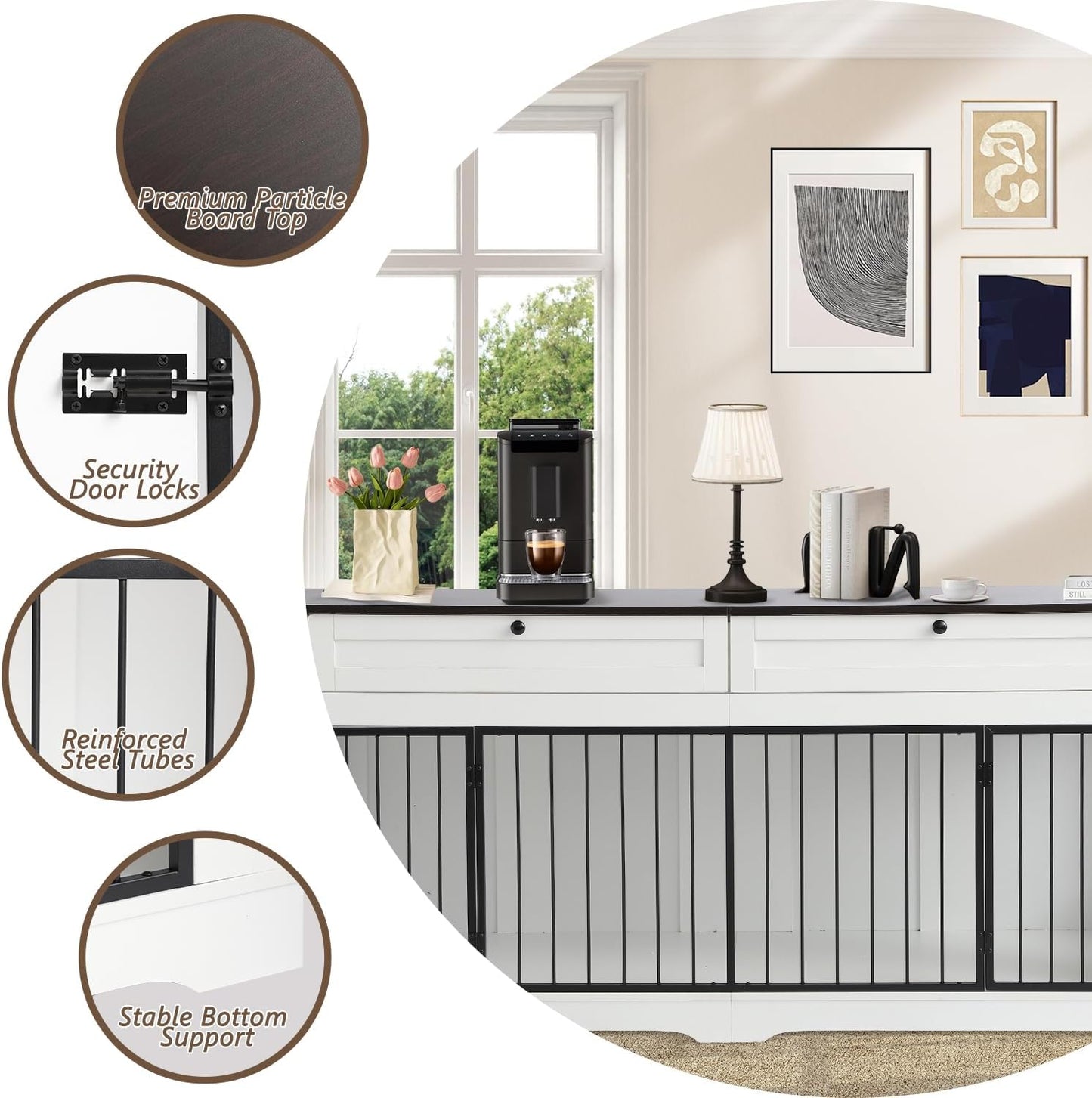 Large Dog Crate Furniture-Decorative Heavy Duty Dog Cage Indoor, Wooden Dog Cage End Table with Charging Station, Dog House with 2 Drawers (White, 70.86''L)