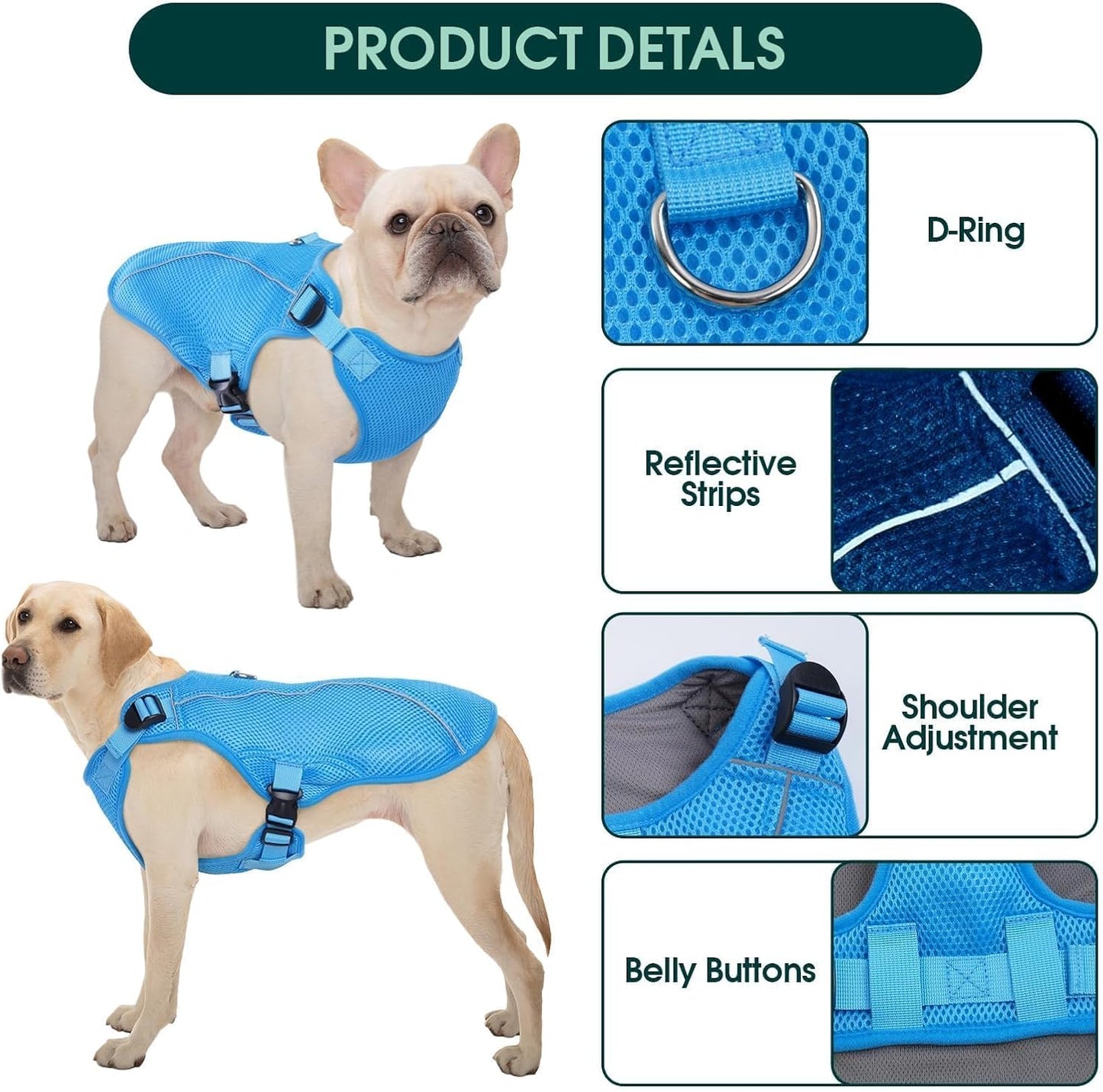Kuoser Dog Cooling Vest for Large Dogs, Lightweight Doggie Cooler Jacket Breathable Mesh Pet Cooling Shirts Reflective Puppy Cool Harness for Beach, Hiking, Walking Blue XXL