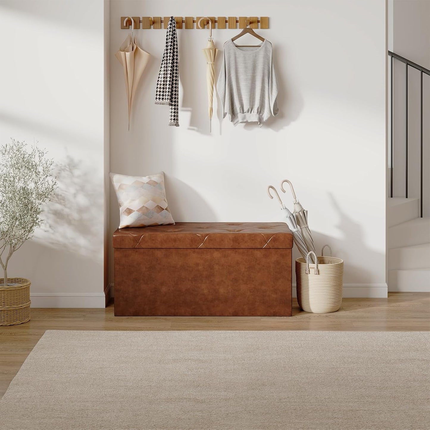 Sweetcrispy 30 Inches Folding Ottoman with Storage Bench, Foot Rest Stool, End of Bed Storage Bench Upholstered, Load 660 lbs, for Living Room, Synthetic Leather, Brown