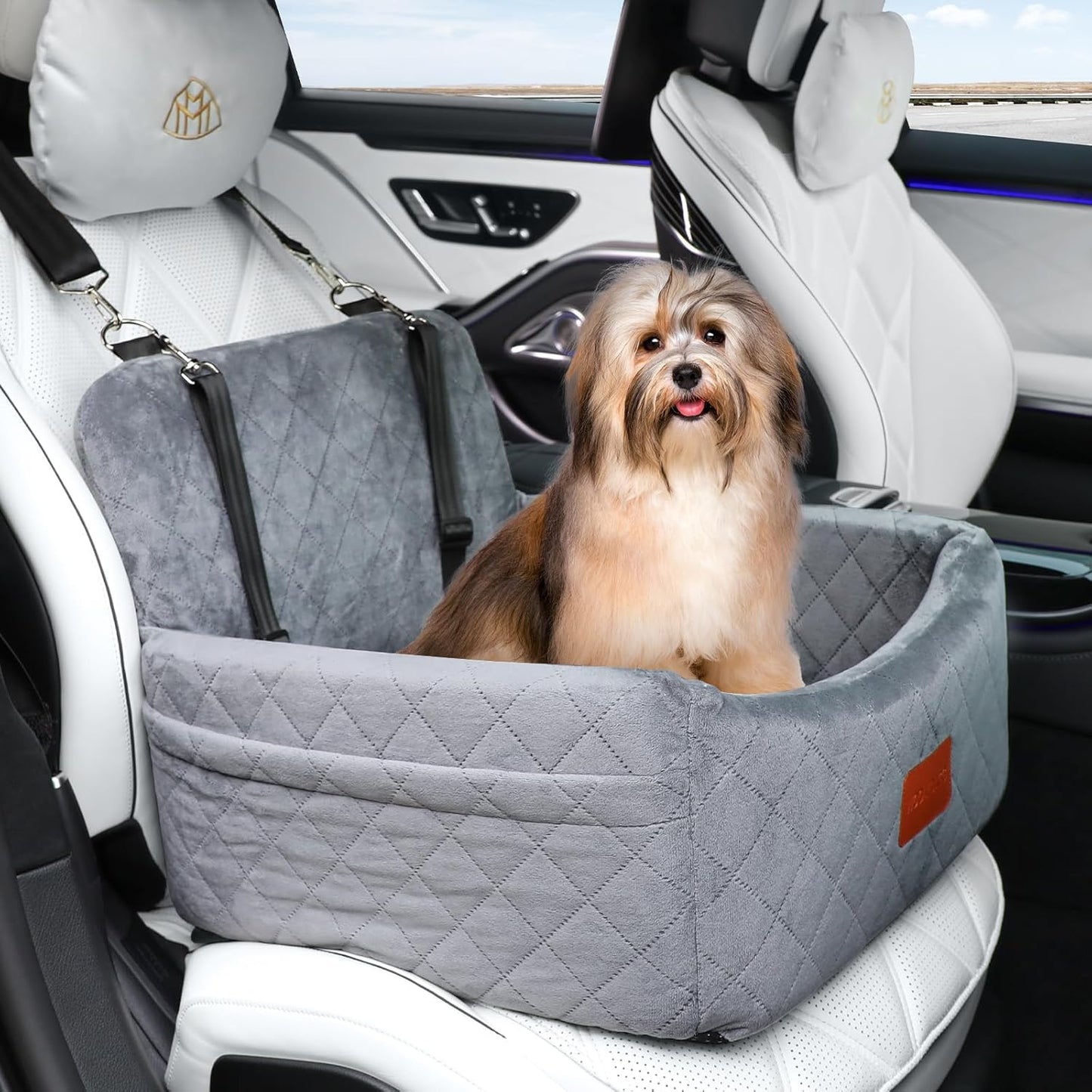 Dog Car Seat for Small Dogs Under 30lbs,Comfy & Safe Travel Bed with Washable Cover,2 Clip-On Safety Leashes and Pockets,Anti-Slip Base,Easy to Install(Grey)