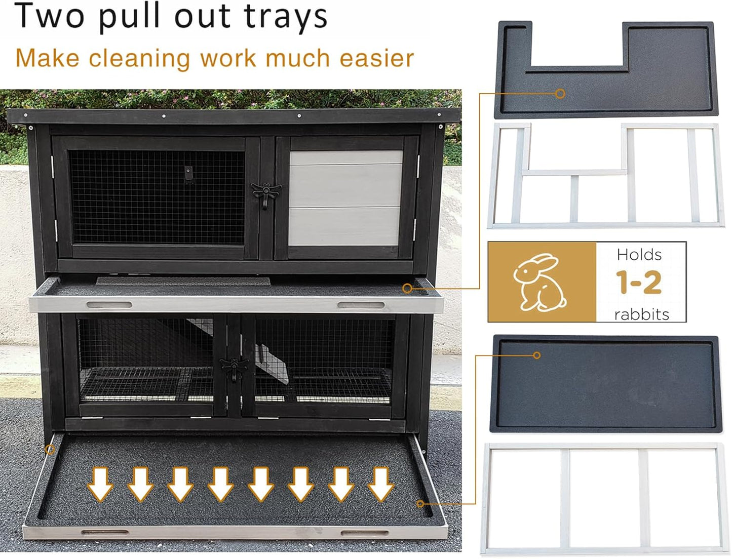 Double Level Solid Wood Rabbit Hutch Small Animal Cage for Rabbits, Guinea Pigs, Hedgehogs & Lizards Indoor/Outdoor– 2-Tier Eco-Friendly Habitat with Bedding Area, Durable & Easy to Clean
