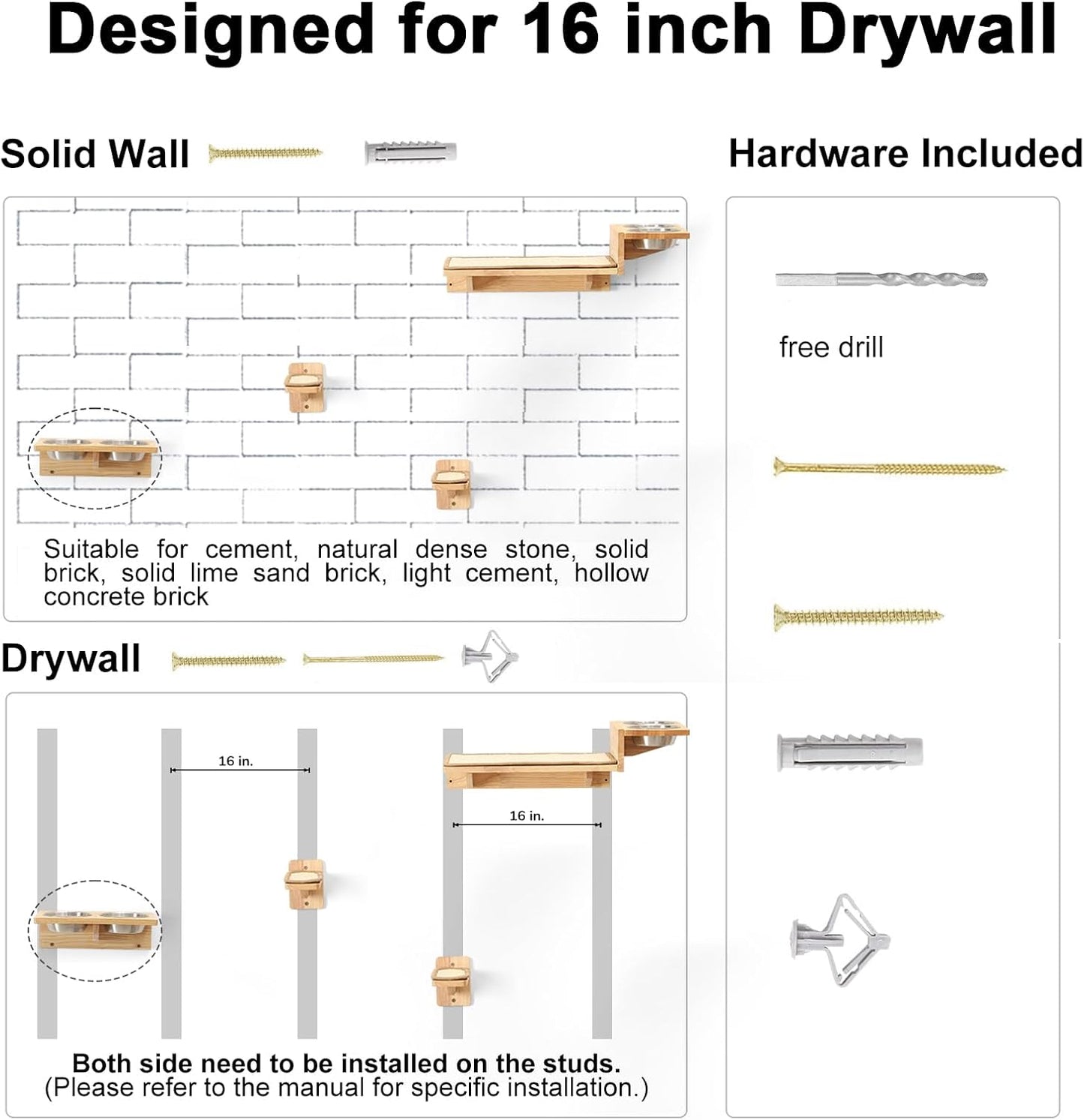 FUKUMARU Cat Wall Shelves, 3 In 1 Cats Walls Furniture Set, Food Station with 2 Steps , Solid Rubber Wood Perch, Suitable for Kitten Play, Nap, Eat, DIY Wall Jungle Gym