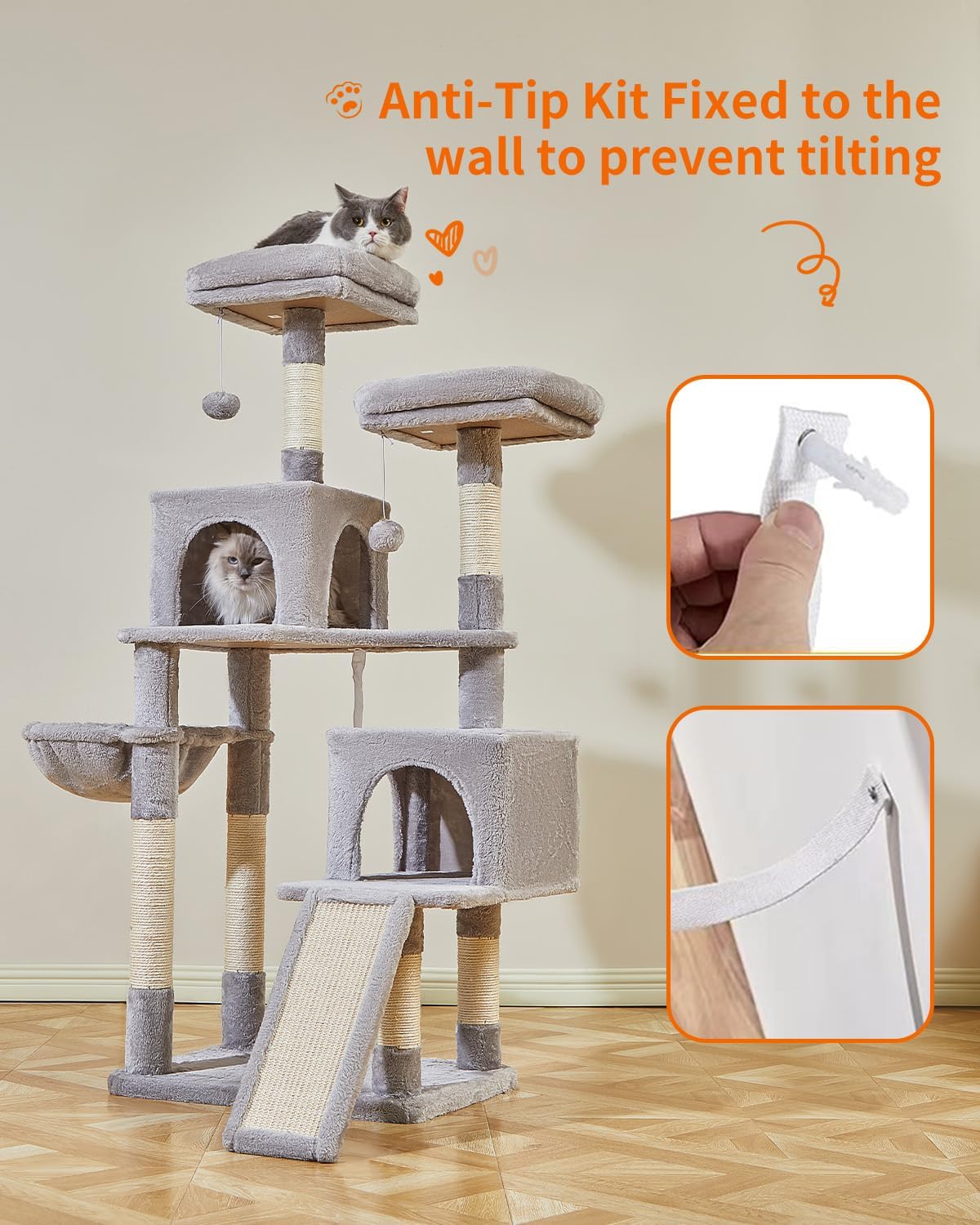 Taoqimiao 56.3-Inch Cat Tree, Cat Tower with Scratching Posts, Cat Tree House for Indoor Cats with hammocks, Toys, Condo and Large Scratch Board, Light Gray MS012W