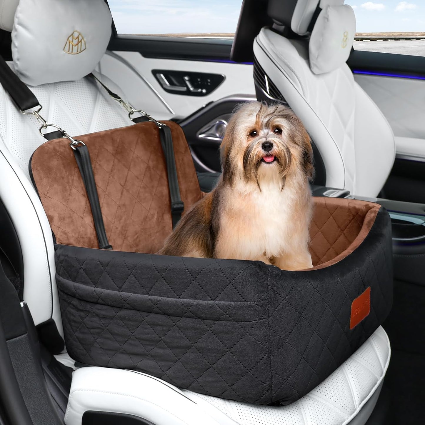Dog Car Seat for Small Dogs Under 30lbs,Ultra Soft Fabric & Memory Foam Pet Travel Car Bed,Washable & Detachable,Anti-Slip Bottom,2 Storage Pockets and Safety Tethers(Black/Brown)