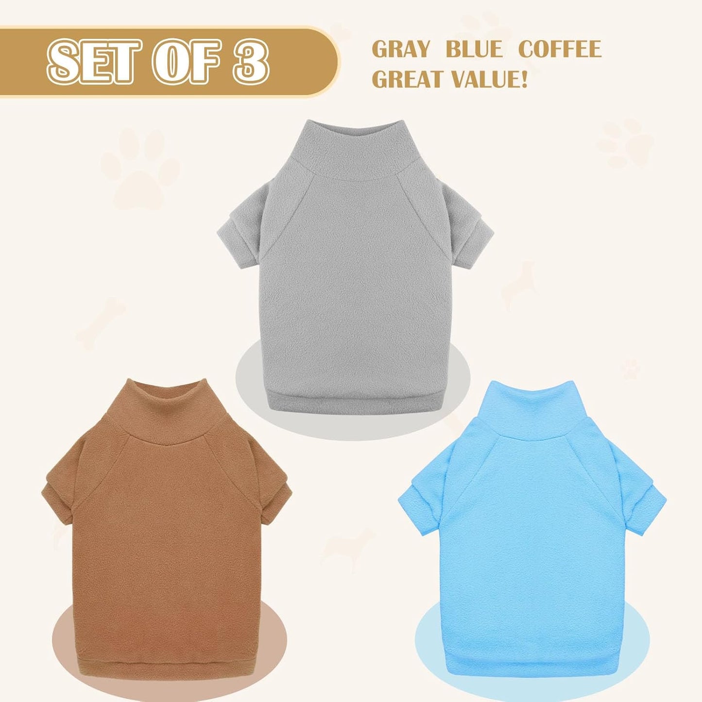3 Pack Dog Sweaters for Large Dogs, Fleece Dog Sweater Large Pet Clothes Turtleneck Soft Warm Sweatshirt Boy Girl Pet(Gray+ Blue+Coffee,XL)