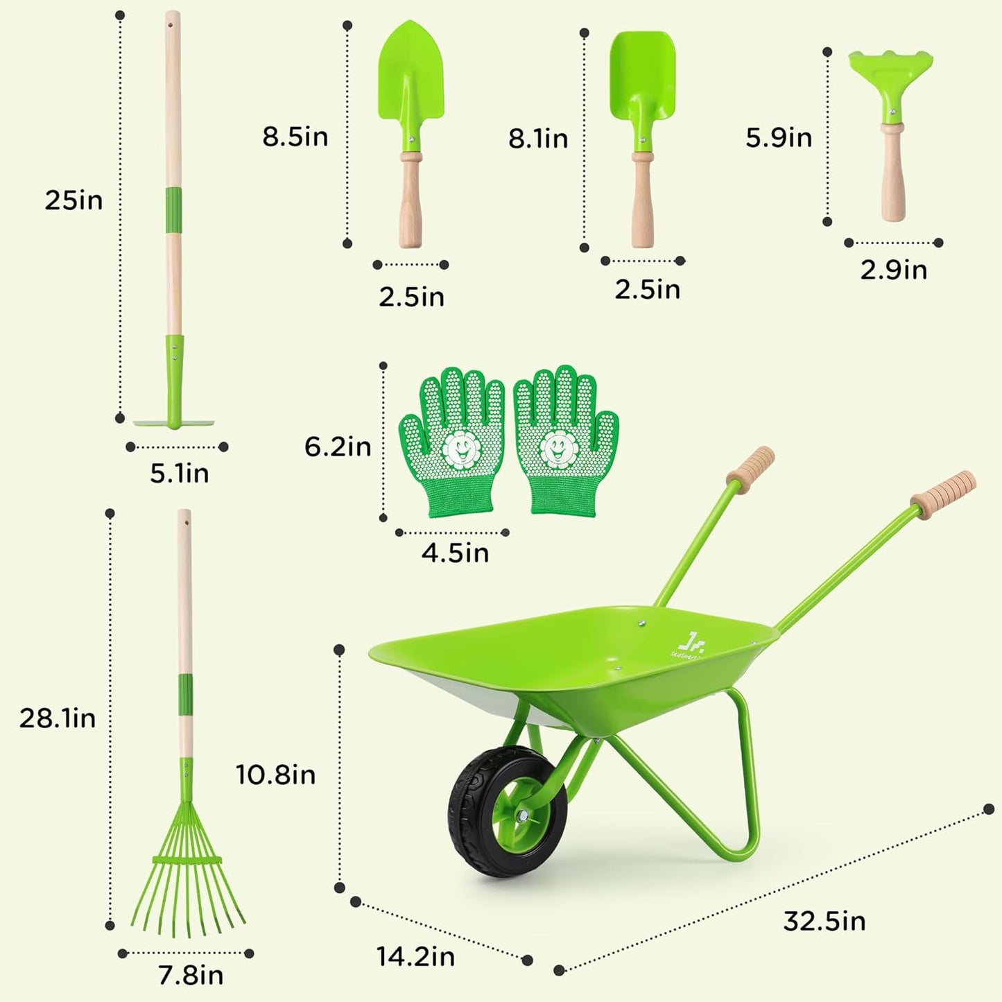 SainSmart Jr. Kids Gardening Set with Wheelbarrow - 7 Pcs Kids Rake and Shovel Set, Outdoor Toys for All Seasons - Plant, Sweep Leaves, Shovel Sand or Snow, for Boys and Girls