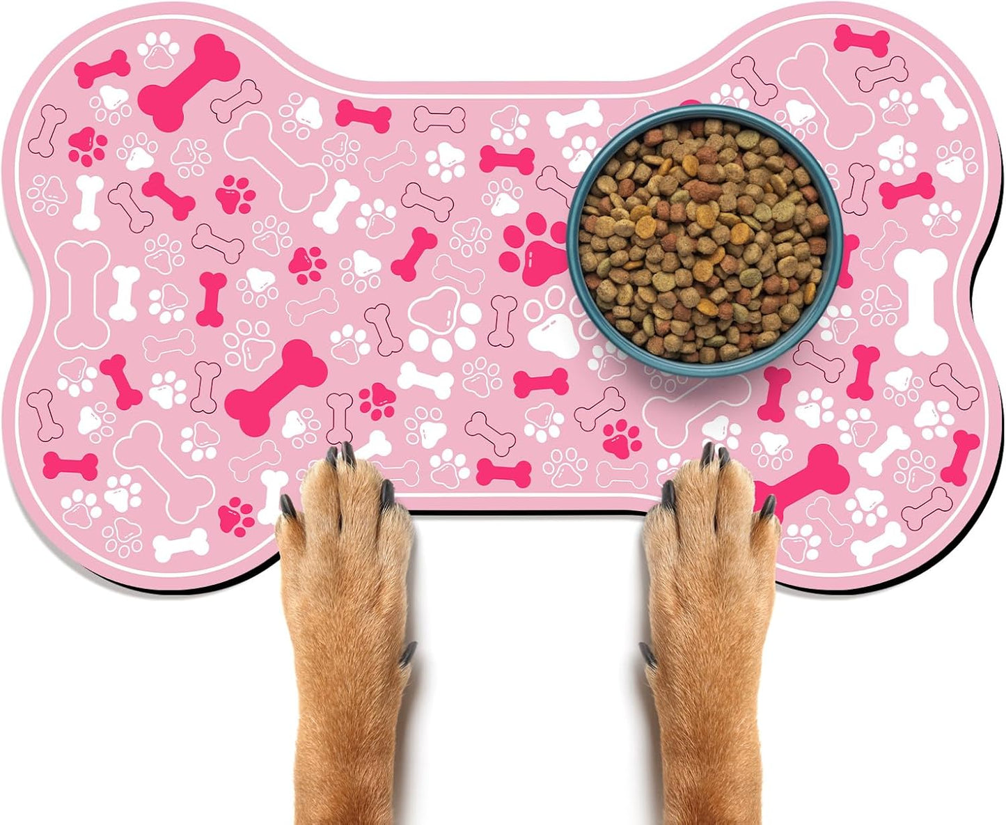 Dog & Cat Food Mat Bone Shaped Pet Feeding Mat Quick Absorb Water Bowl Placemat with Rubber Backing Indoor Floor Stain Resistant Pet Accessory Supplies (Light Pink, 17x29 Inches)