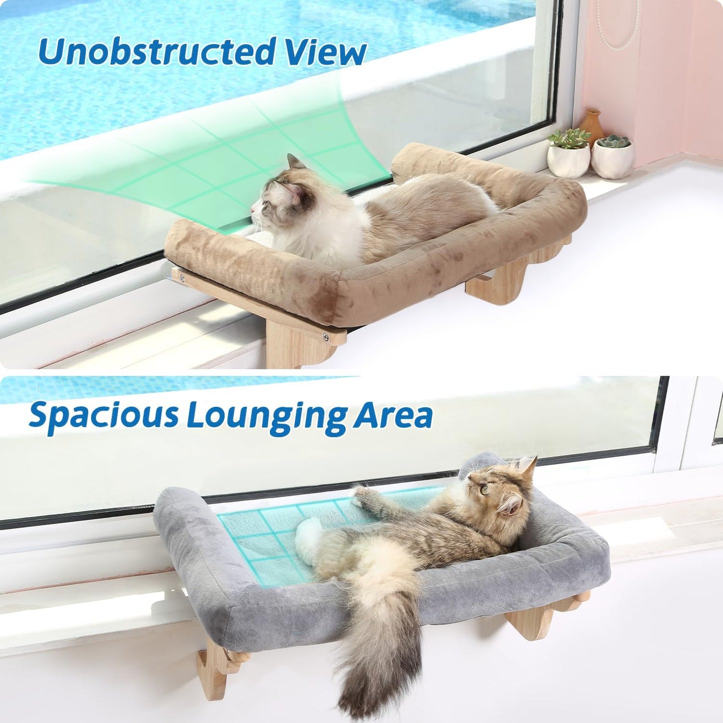 Cat Perch for Window Sill with Bolster - Orthopedic Hammock Design with Premium Hardwood & Robust Metal Frame - Cat Window Seat for Large Cats and Kittens - Natural Color Wood with Brown Bed