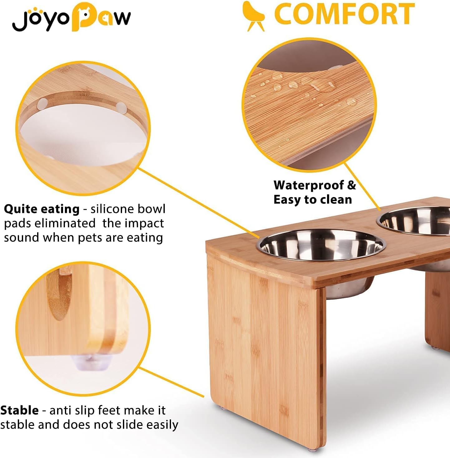 Elevated Dog Bowls, Bamboo Raised Dog Bowl for Large Dogs & Medium Dogs, with 2 Stainless Steel Bowls (10'' Tall–48 oz Bowl)