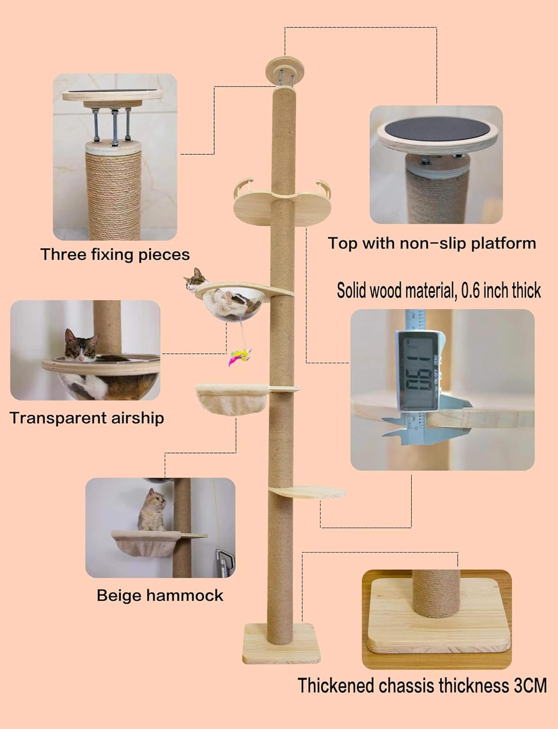 Floor-to-Ceiling Cat Tree with Natural Sisal Rope Scratching Post - Adjustable Height (55-119 Inches) - Modern Cat Activity Tree, Cat Scratcher Post
