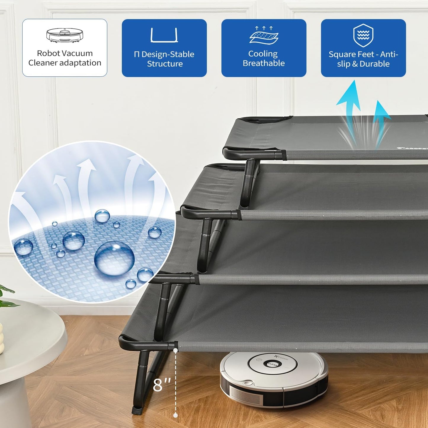 Elevated Dog Bed, Outdoor Dog Bed Large Raised Cooling Pet Beds Cots Waterproof Stable and Easy Assembly, Teslin Fabric with 1.2mm Thick Iron Frame, Breathable, Ultra-Sturdy，Grey, 42”*28“*8”