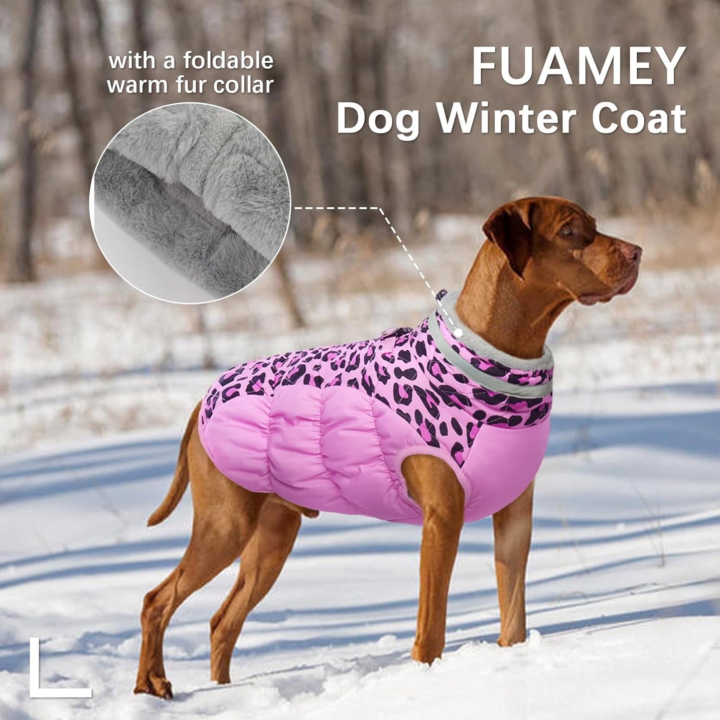 FUAMEY Dog Coat for Large Dogs,Waterproof Dog Winter Jacket with Harness Built in Puppy Cold Weather Coats Reflective Pet Vest with Zipper Warm Fleece Dogs Snowsuit Windproof Pink Leopard XXL