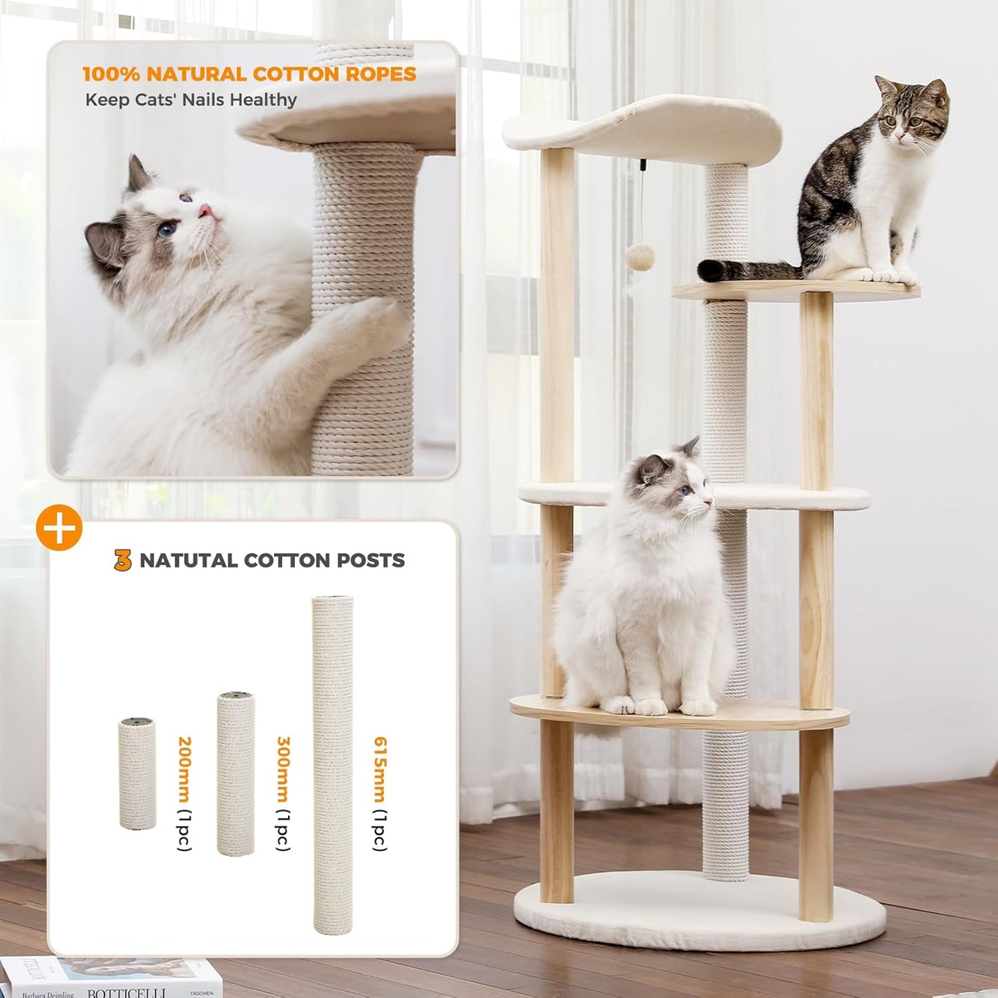 PETEPELA Wood Cat Tree Tower for Indoor Cats,5-Level Cat Climbing Tree Cat Play House with Sisal Scratching Posts Beige