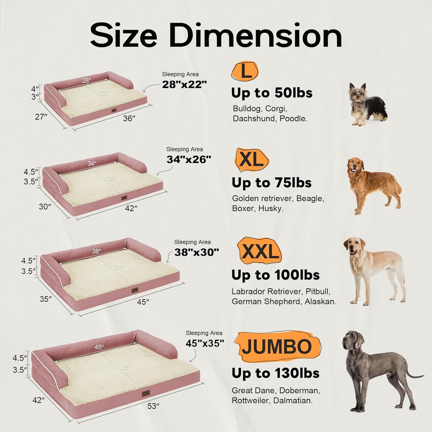 Large Dog Bed Orthopedic Washable Extra Pink XL XLarge Big Dog Bed with Washable Bolster & Memory Foam Couch Sofa - Waterproof with Removable Cover