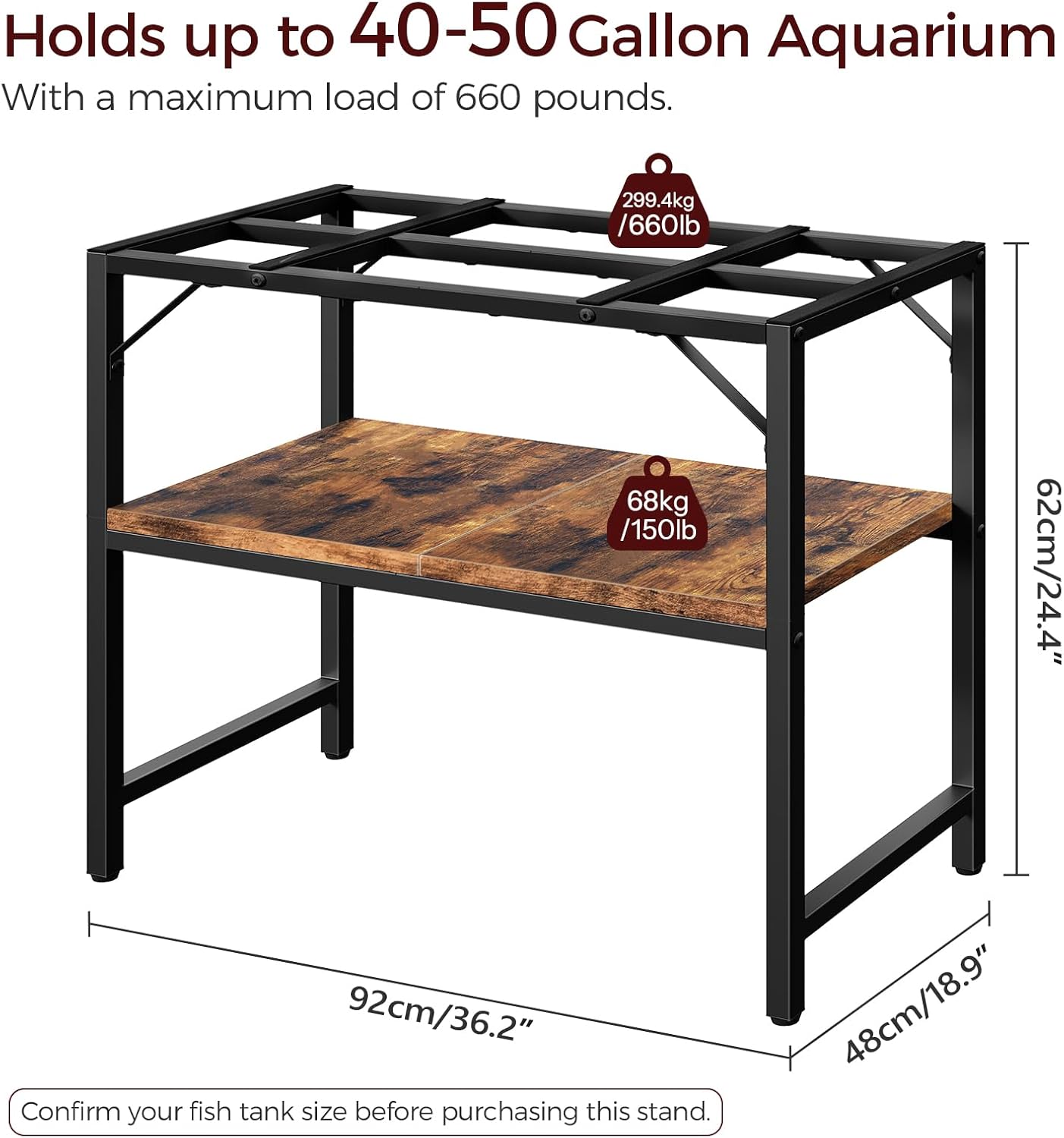 40-50 Gallon Fish Tank Stand, Aquarium Stand with 2-Tier Storage Shelves, Heavy Duty Breeder Turtle Terrarium Stand Rack for Home Office, 36.2" L x 18.9" W x 24.4" H, Rustic Brown FTHR4001