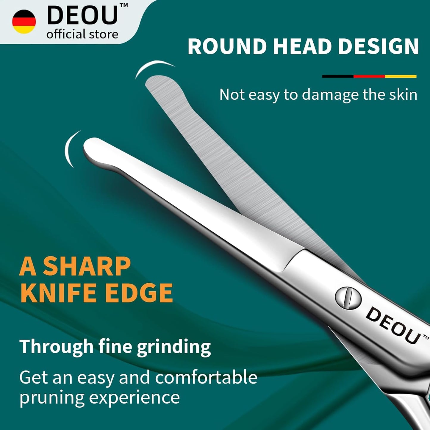 DEOU Silver Stainless Steel Round Nose Safety Scissors - Compact Facial Hair Trimming Tool for Men's Nose, Eyelashes, Eyebrows, Beard & Pet Grooming