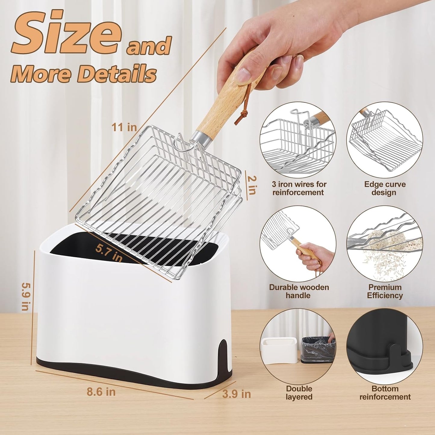 Metal Cat Litter Scoop with Holder, Poop Scooper with Stand&2 Rolls of Garbage Bag, Heavy Duty Stainless Steel Shovel with Wooden, Kitty Quick Sifter for Easy Cleaning, Essential Item for Cat