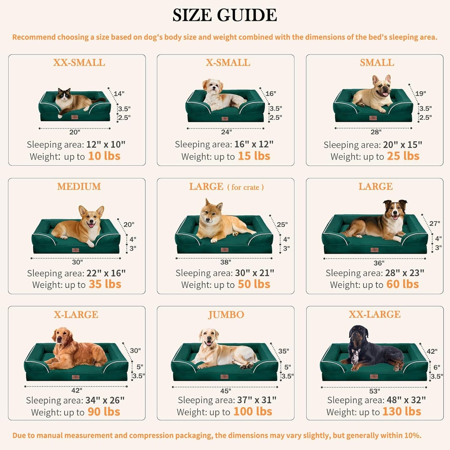 Comfort Expression XL Orthopedic Dog Beds, Waterproof Extra Large Dog Beds with Bolster, Washable Pet Sofa Couch with Removable Cover & Non-Slip Bottom(X-Large,Emerald)
