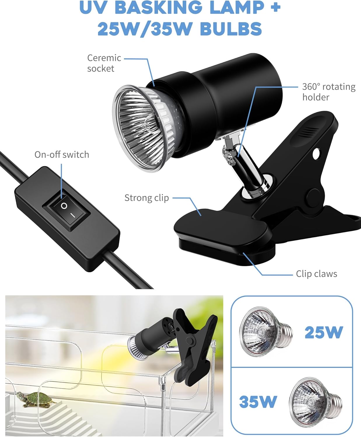 Small Turtle Tank Kit(Tank+Light+Filter), Acrylic Turtle Tank Starter Kit with Basking Platform, Bottom Drainage, Multi-Function Areas for Turtles, Crayfish, Small Reptiles.(White+Black)