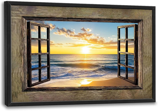 Beach Large Wall Art Sea Coastal Pictures Rustic Window Sunrise Wall Decor Canvas Print Painting Artwork for Bathroom Living Room Bedroom 36L" x 24W"