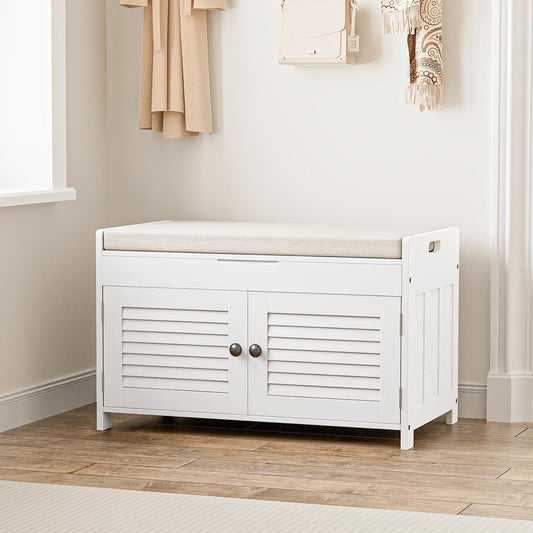 Shoe Storage Bench with Lift Top Storage, Entryway Bench with Cushioned Seat, Adjustable Shelf, 2 Tier Shoe Rack with Doors for Entryway, Bedroom, Hallway, Mudroom, White