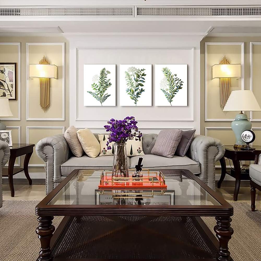 3 Pieces Framed Wall Art for Living Room Bathroom Wall Decorations Kitchen Wall decor Canvas Print decor modern Simple Bedroom Home Decoration Green leaves Poster wall paintings