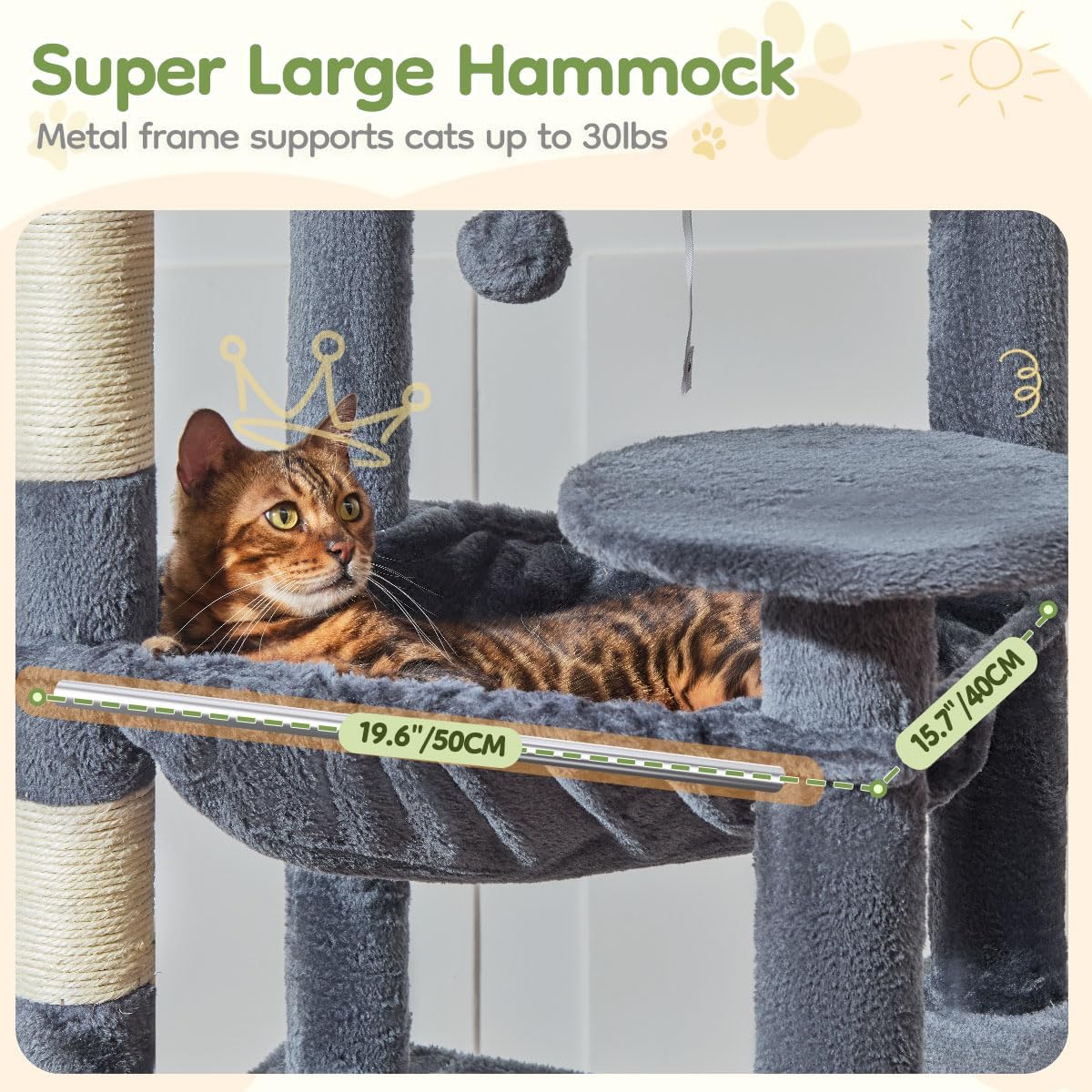 Taoqimiao 72 Inches Cat Tree for Large Cats, Multi-Level Tall Cat Tower, Widened Cat Condo with Large Scratch Board, 5 Scratching Posts, Metal Hammcock, Cozy Basket, Smoky Gray, MS045G