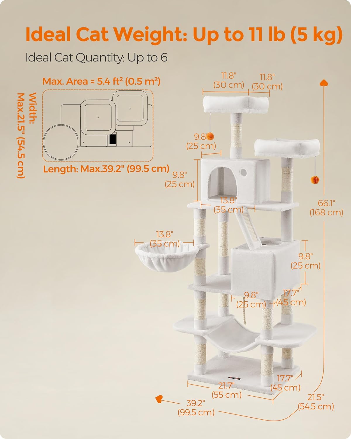Feandrea Cat Tree, 66.1-Inch Large Cat Tower with 13 Scratching Posts, 2 Perches, 2 Caves, Basket, Hammock, Pompoms, Multi-Level Plush Cat Condo for Indoor Cats, Cream White UPCT165T01
