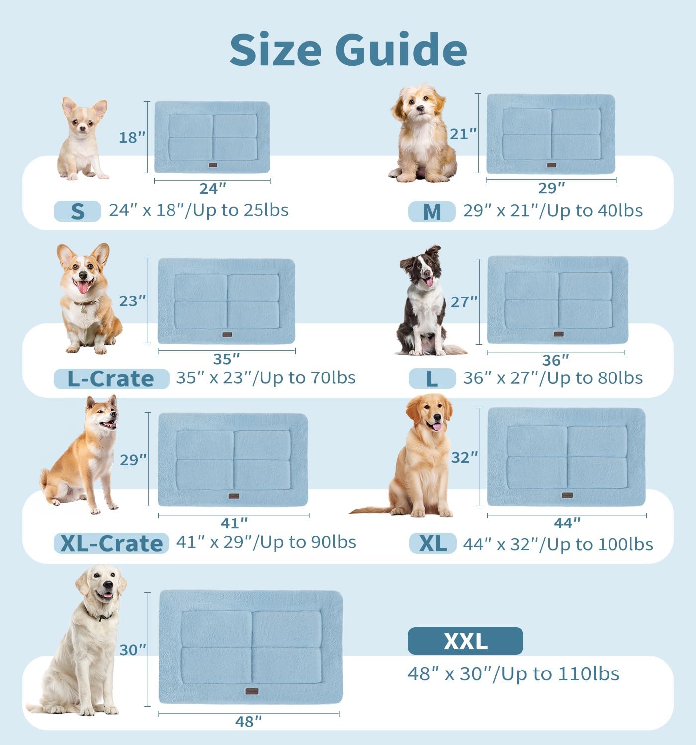 Made4Pets Dog Crate Pad Bed for Medium Dogs, Washable & Reversible, Anti-Slip Kennel Mat for Cozy Sleeping, Soft Fluffy Dog Bed for Indoor & Outdoor Use, 29"x21", Blue